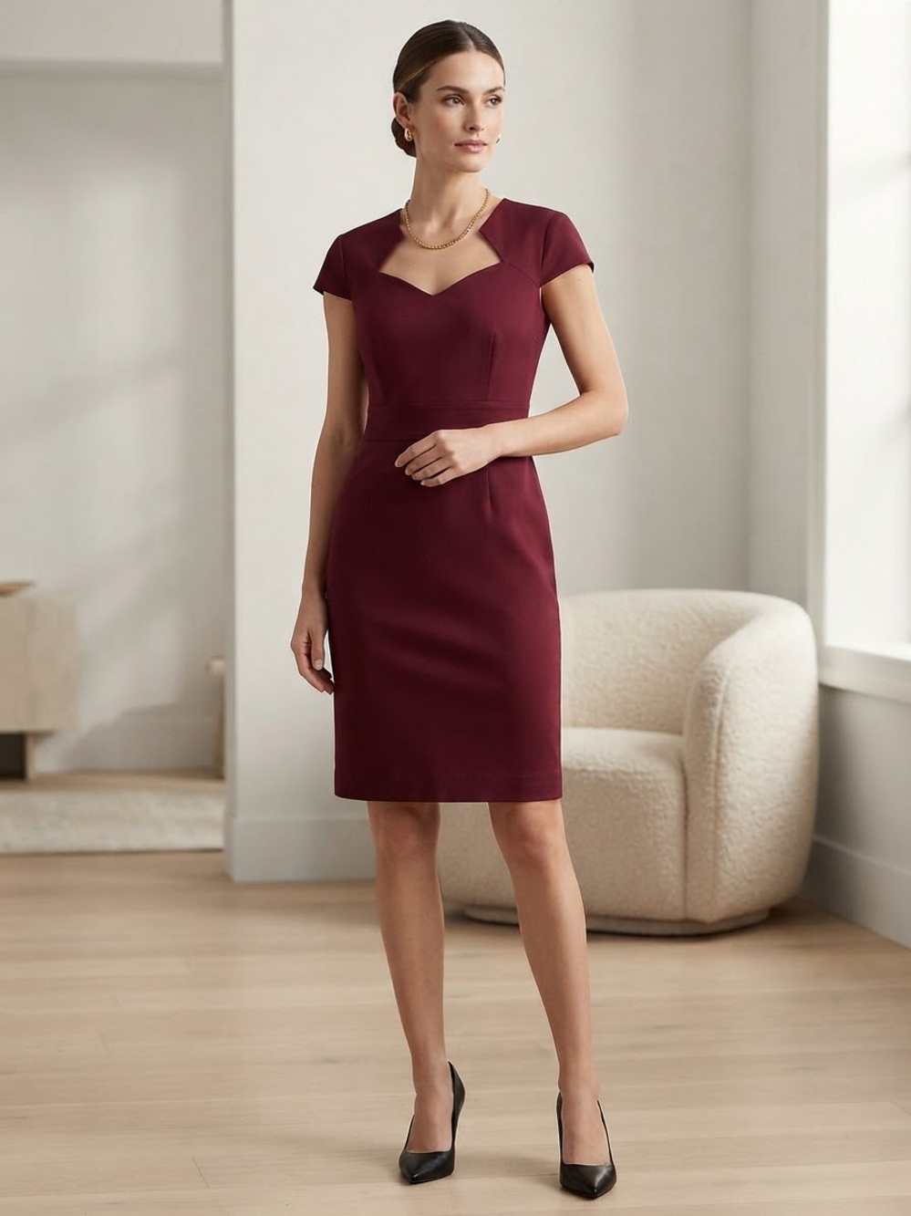 Grace Karin Burgundy Sheath Dress with Sweetheart Neckline Flattering Stretchy